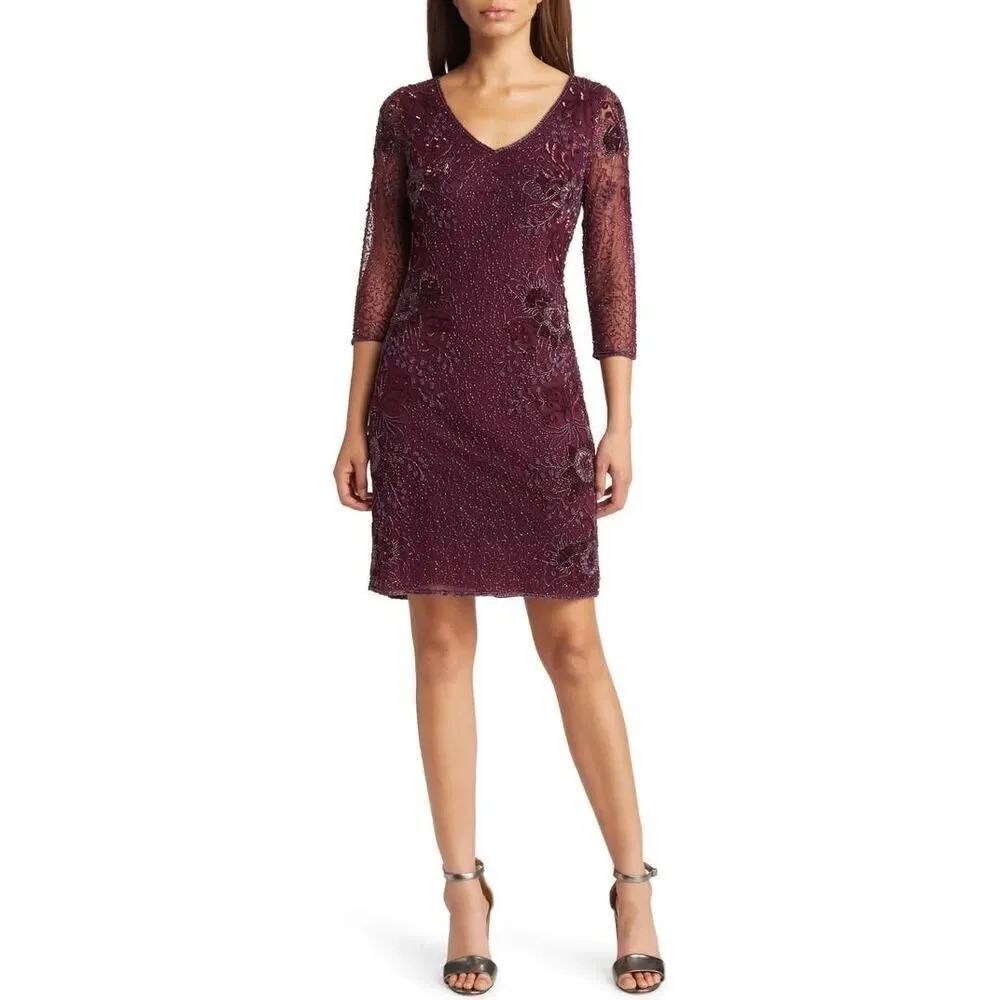 Pisarro Nights Beaded V-Neck Cocktail Dress Women's 10 Plum 3/4 Sleeve